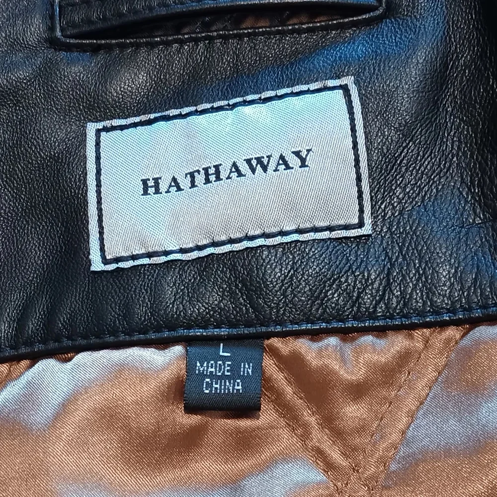 HATHAWAY‎ Men 100% Leather Jacket Coat Black SzL Vintage Zip And Button